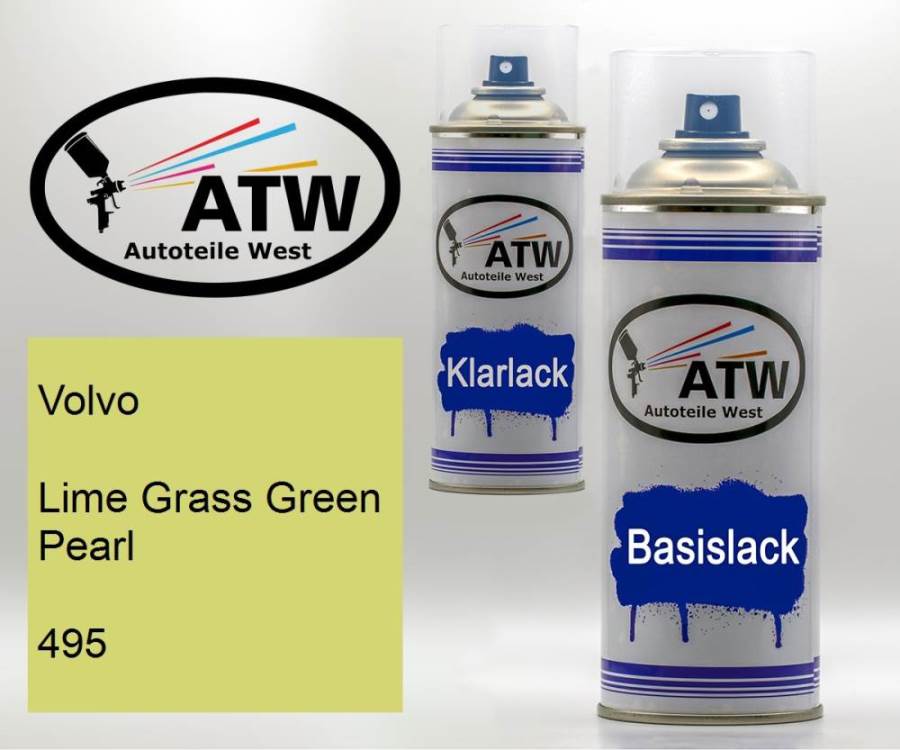 Volvo, Lime Grass Green Pearl, 495: 400ml Sprühdose + 400ml Klarlack - Set, von ATW Autoteile West.